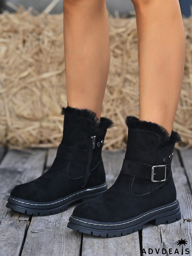 Buckle Decor Faux Suede Zip Side Snow Boots