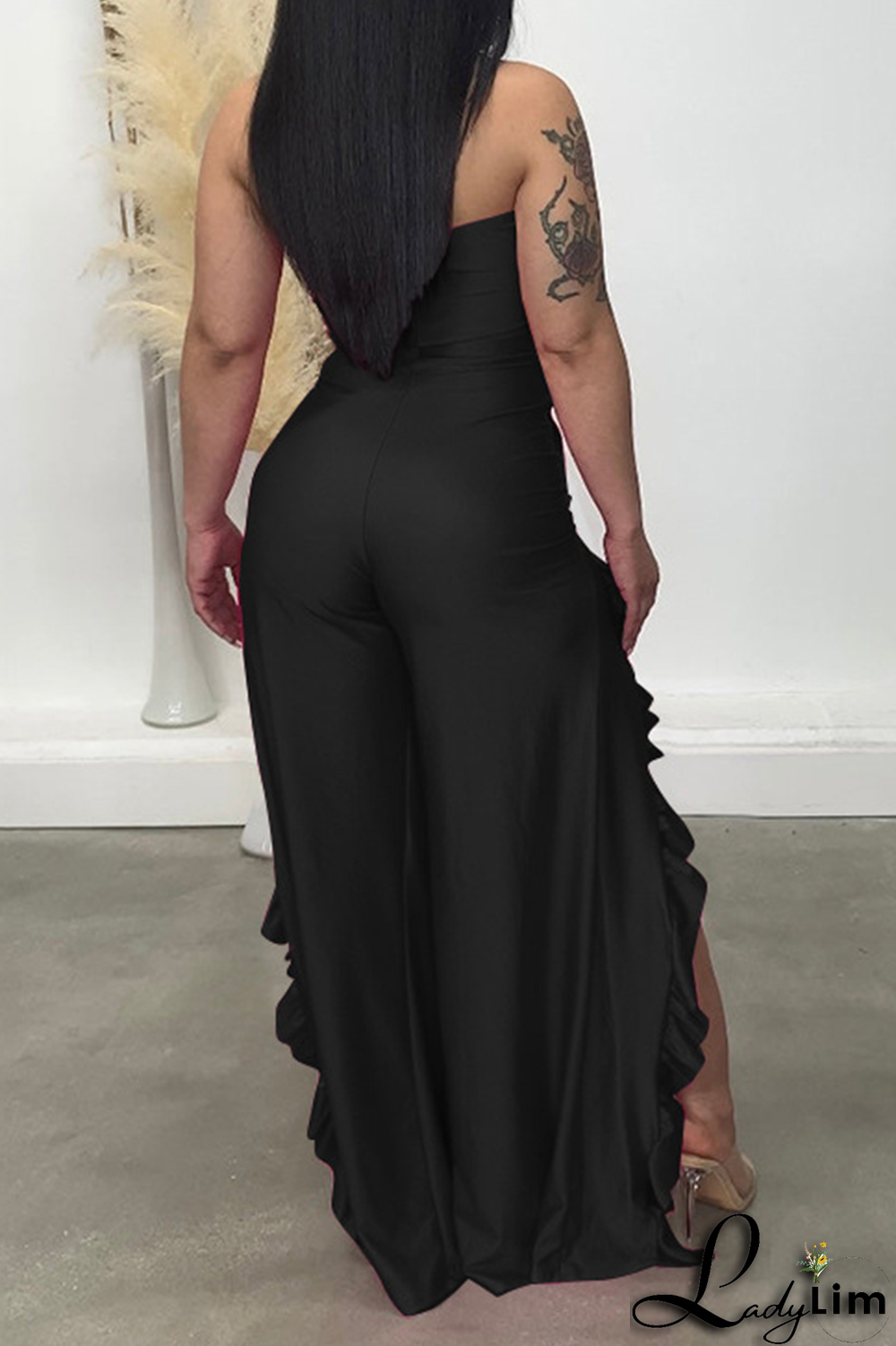 Black Sexy Print Flounce Strapless Boot Cut Jumpsuits