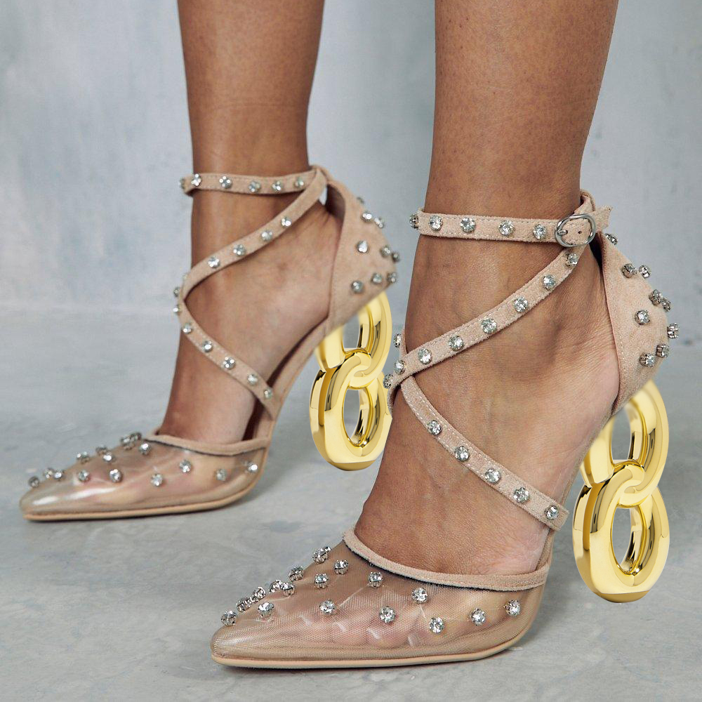 Beige Mesh Closed Toe 4'' Decorative Heel Rhinestone Strappy Pumps Nicepairs