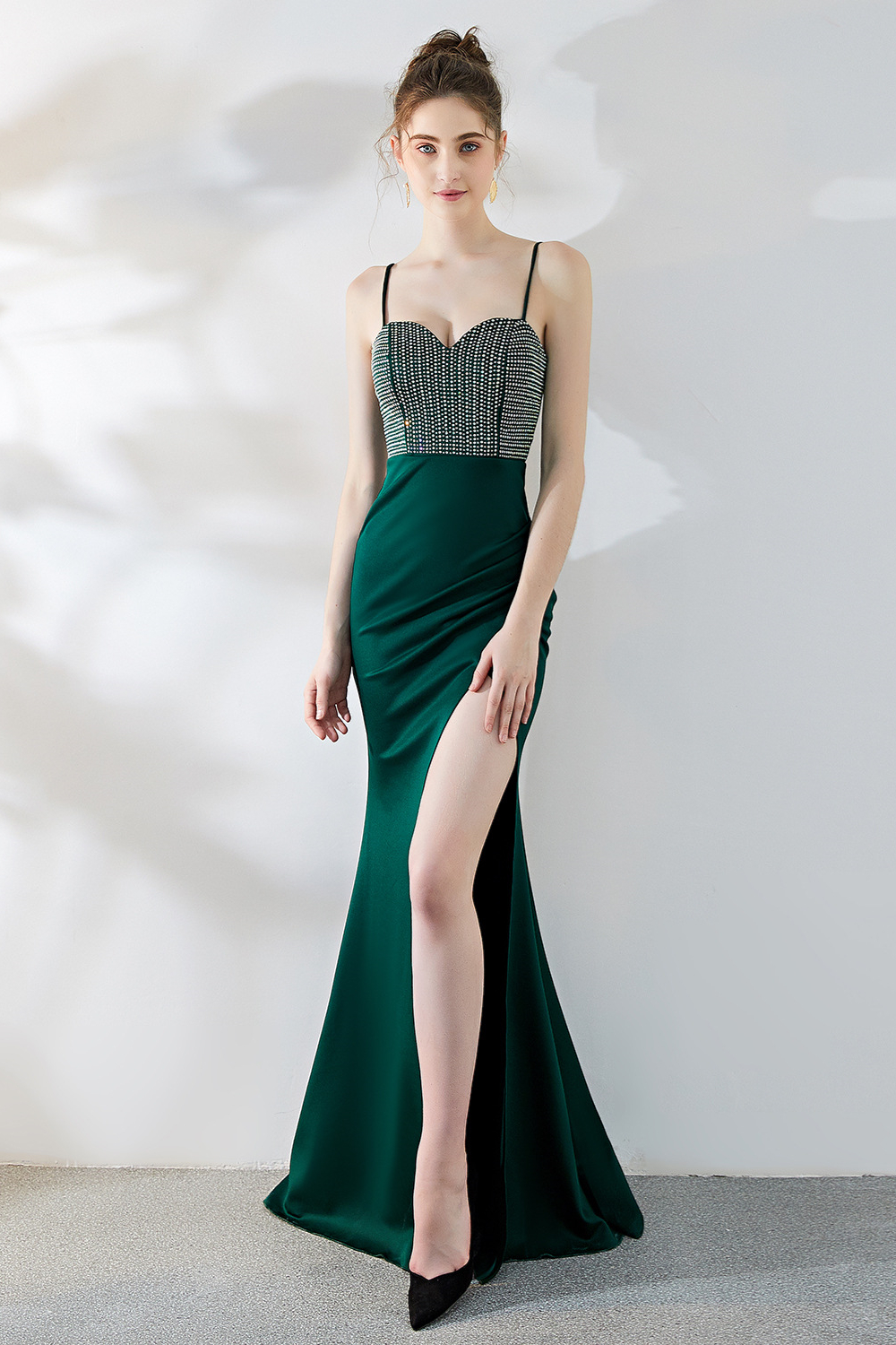 Bellasprom Spaghetti-Straps Mermaid Evening Dress Sleeveless With Beads Long Split Bellasprom