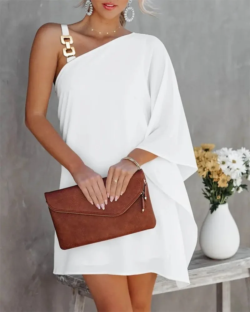 Bat Sleeve Off Shoulder Metal Suspender Dress For Women