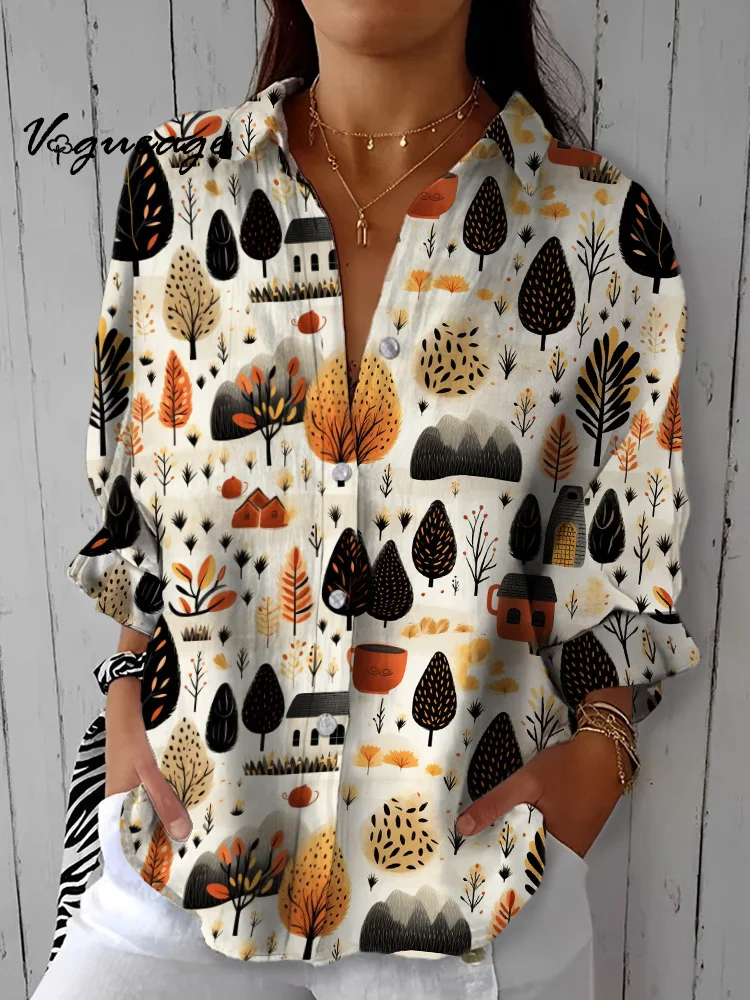 Simple Cute Cartoon Tree House Printed Cotton And Linen Shirt