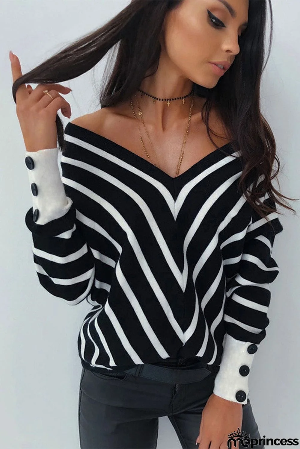 Khaki V Neck Popper Cuff Striped Casual Sweater