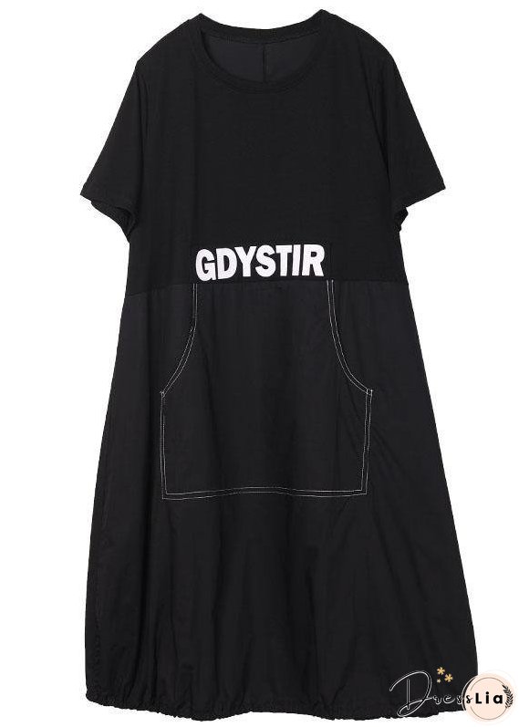 Style Black Pockets Patchwork Graphic Summer Cotton Party Dresses Short Sleeve