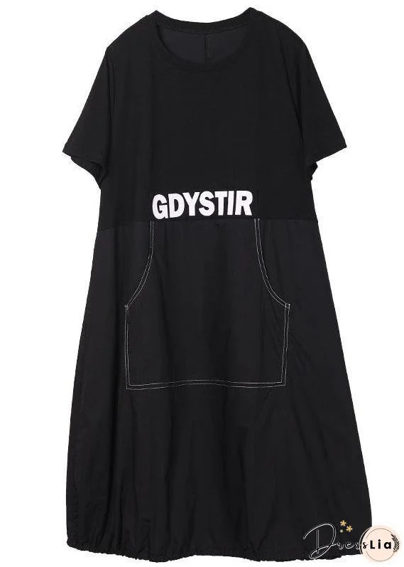 Style Black Pockets Patchwork Graphic Summer Cotton Party Dresses Short Sleeve