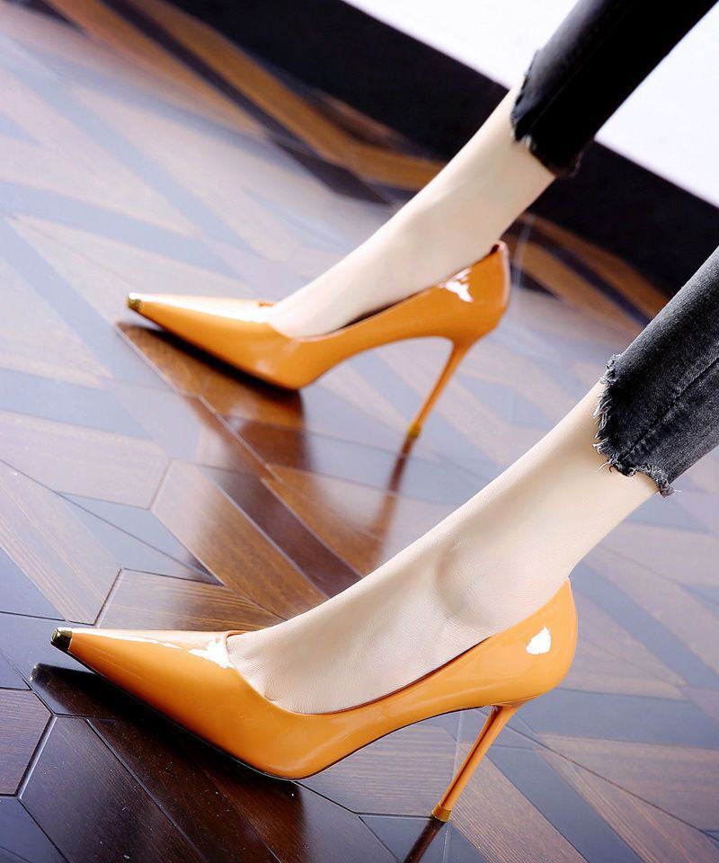 VCSHOES Pointed Toe Stiletto High Heels Orange Cowhide Leather