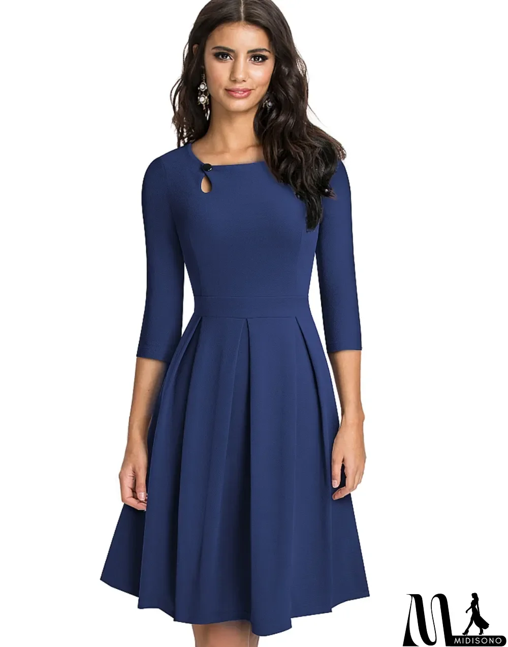 MidiSono - Solid Plain Retro O-Neck Pleated Skater Dress