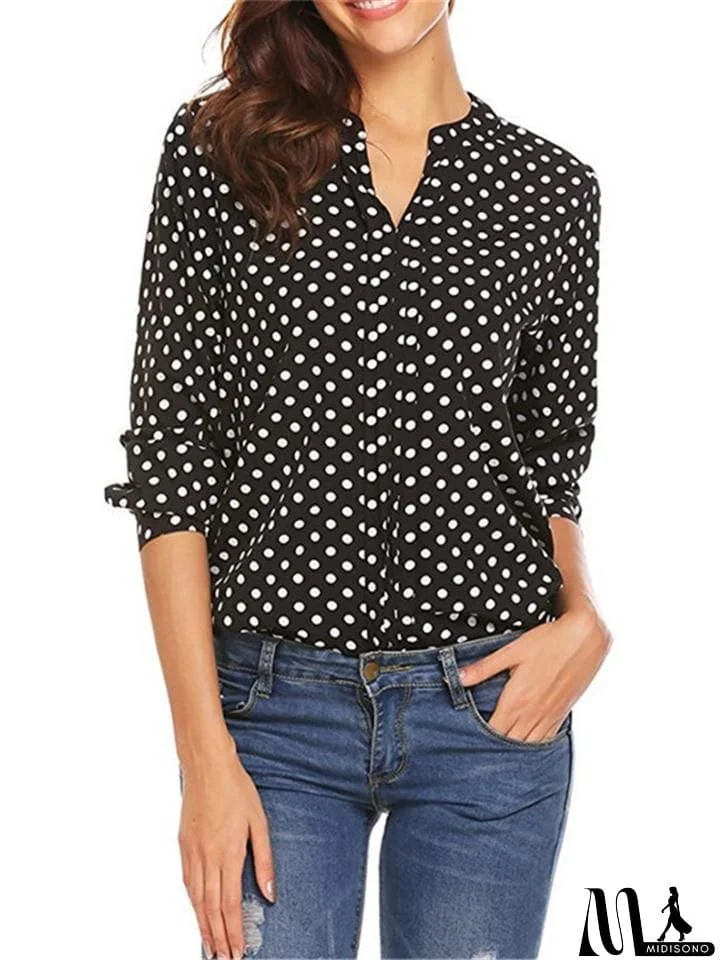 Casual Style Pullover V Neck Polka Dot Long Sleeve Silky Blouses