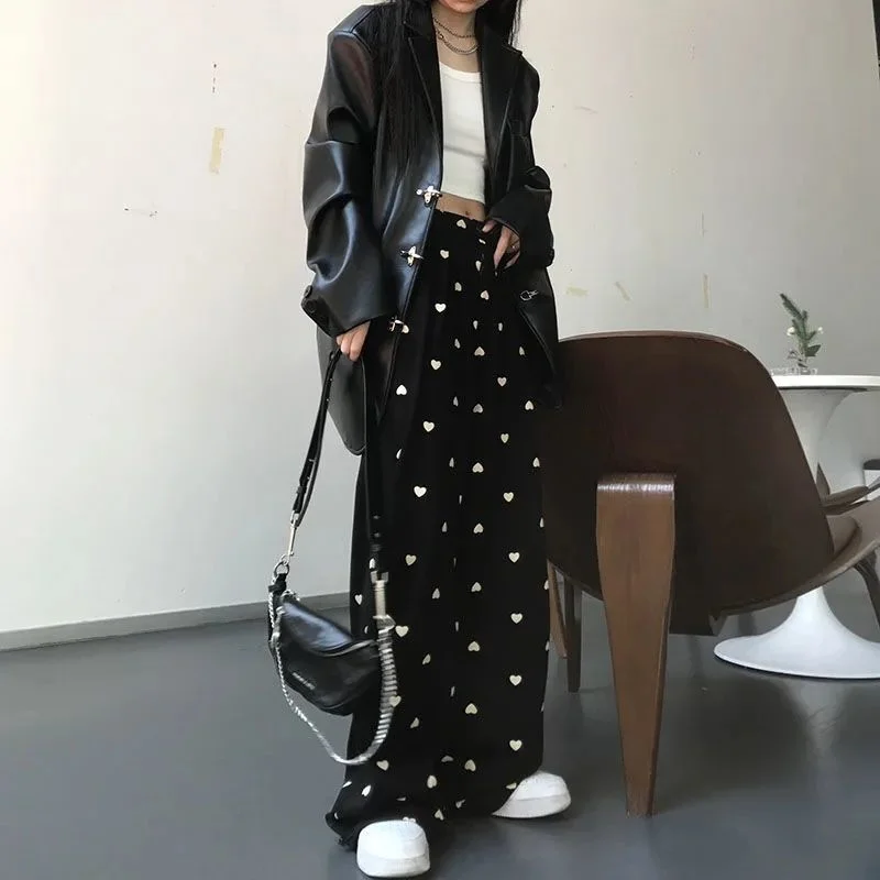 tlbang Pants Women Loose Wide Leg Trousers Summer Sweet Heart Print All-match Elastic High Waist Streetwear Preppy Style Simple