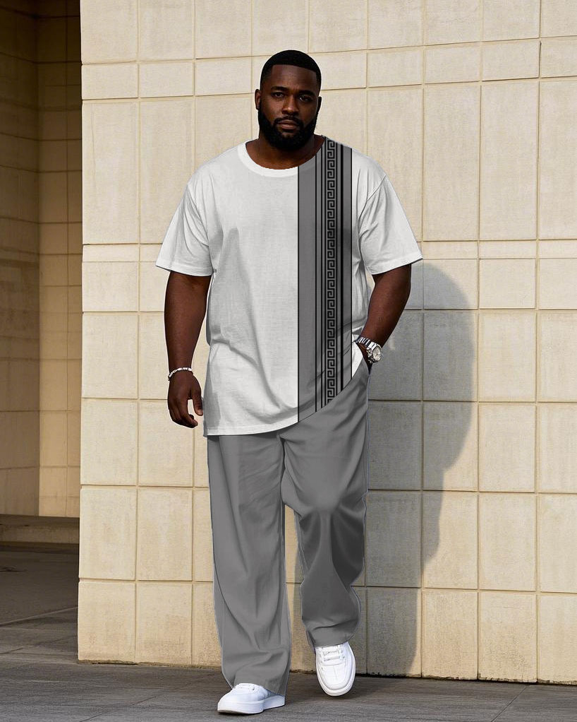 Men's Large Grey & White Patchwork Printed Short-sleeved T-shirt Trousers Suit