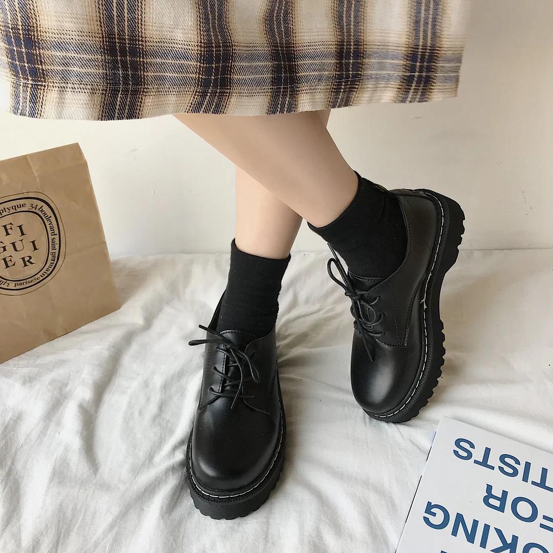 Lourdasprec Women Shoes Leather Lace Up Oxford Shoes Thick Bottom High Heels Loafers Round Head Platform Casual Shoes Lolita Mary Jane Shoes