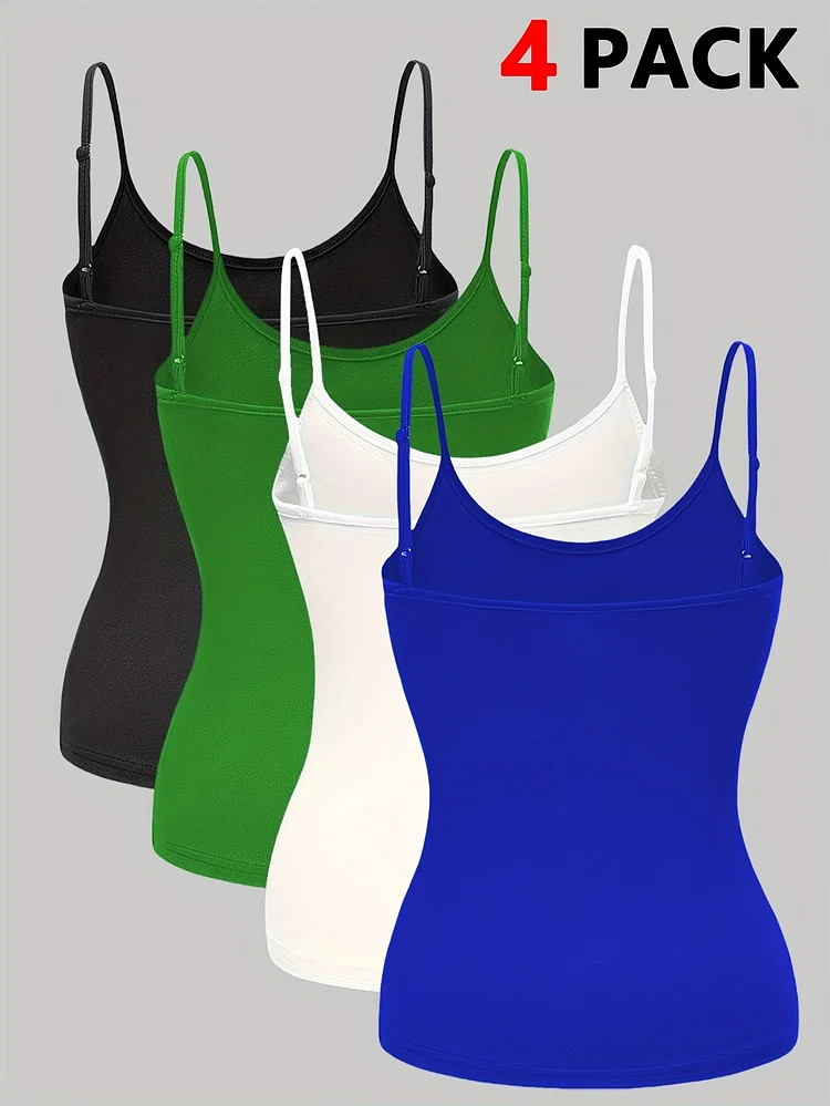 Spring And Summer Fashionable Casual Women's Solid Color Vests That Enhance Height, Versatile Elastic Fabric, Multi-Color Combination, Women's Camisole 4pcs Set