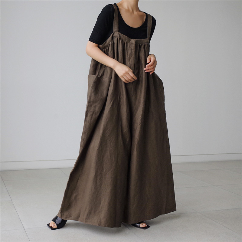 Loose Solid Color Cotton-Linen Wide Leg Jumpsuit