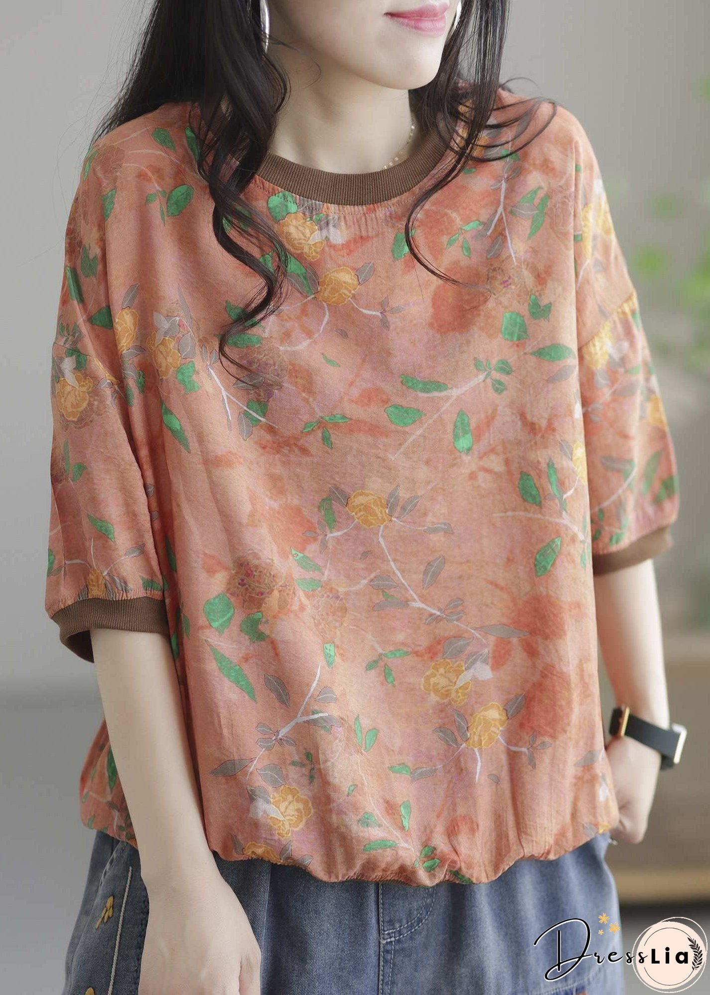 Vintage Orange O Neck Patchwork Cotton T Shirt Top Summer