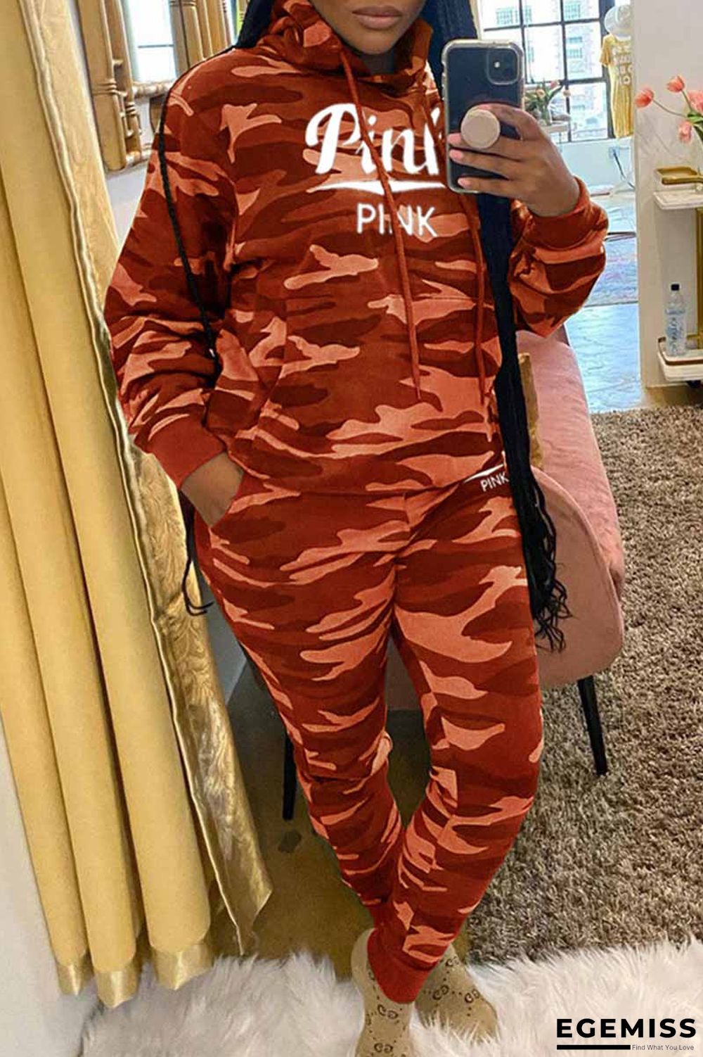 Tangerine Red Casual Camouflage Print Letter Hooded Collar Long Sleeve Two Pieces | EGEMISS
