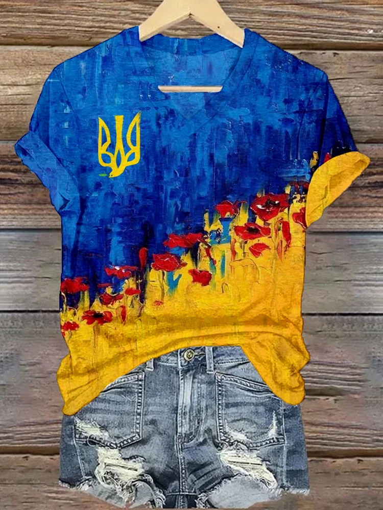 Simpfit Ukraine Trident Ölgemälde Kunst V Hals T Shirt