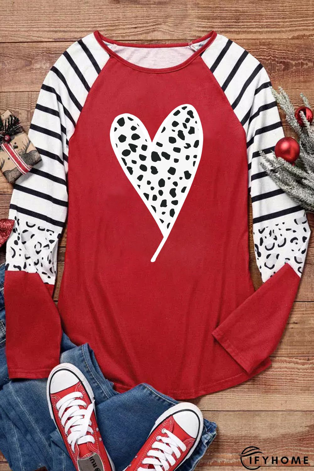 Red Valentines Leopard Heart Print Color Block Long Sleeve Top | IFYHOME