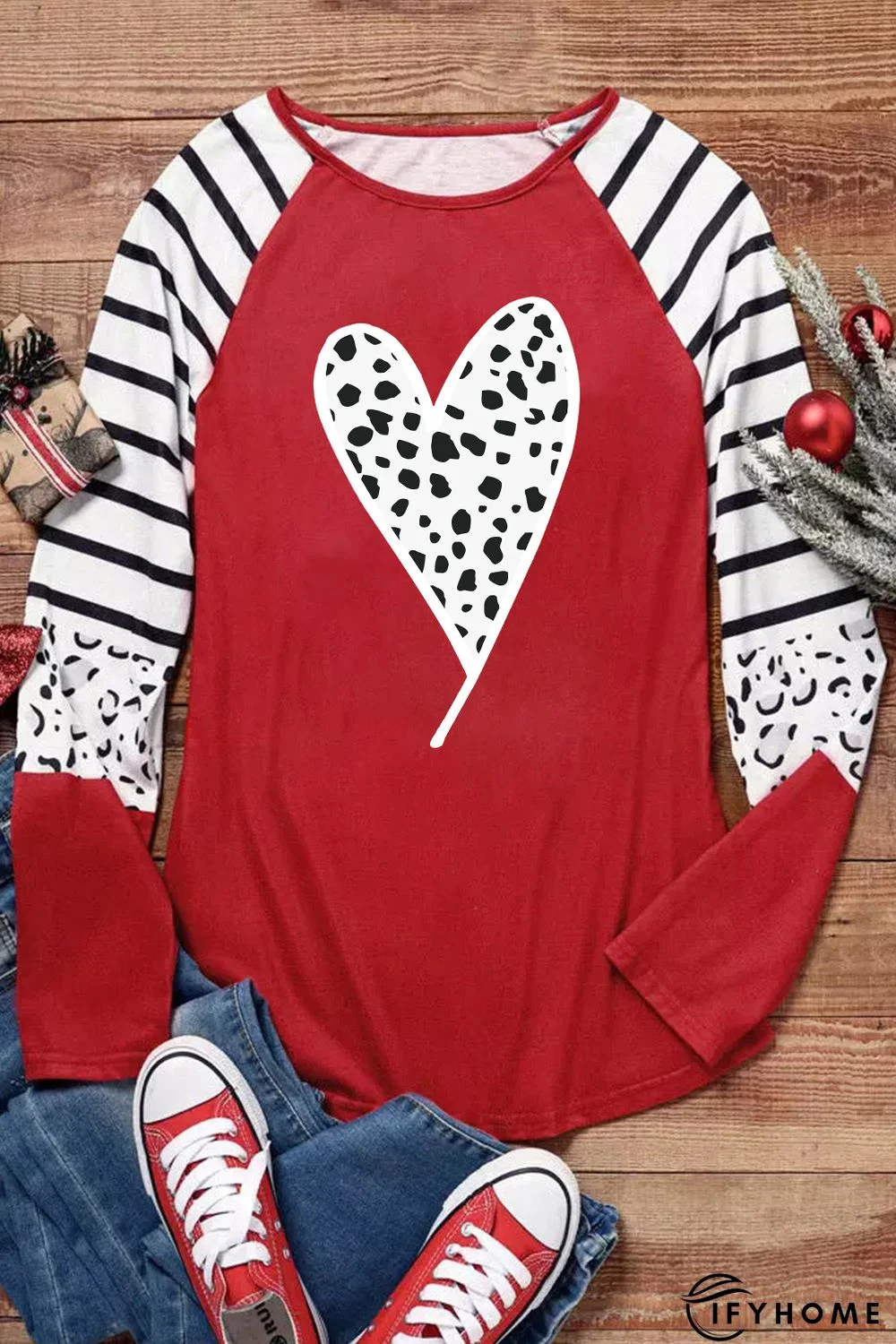 Red Valentines Leopard Heart Print Color Block Long Sleeve Top | IFYHOME
