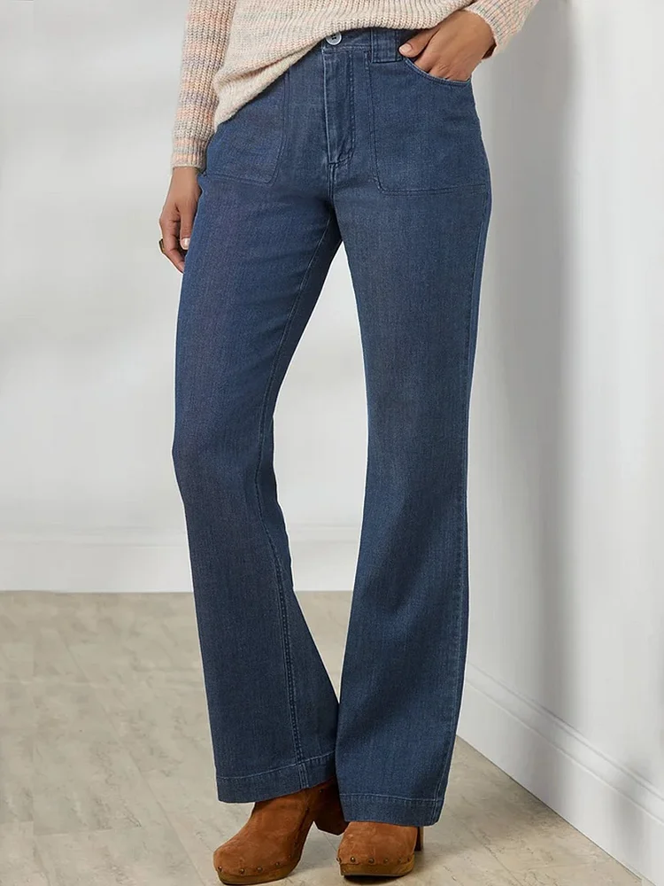 Regular Fit Solid Cotton Pants Flare Leg Denim Cotton Buttoned Pockets Plus Size