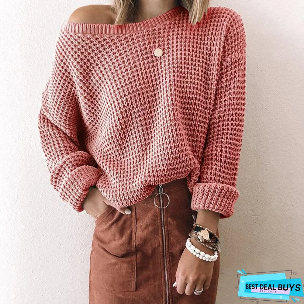 Loose Solid Color Inclined Collar Long Sleeve Knitted Sweater