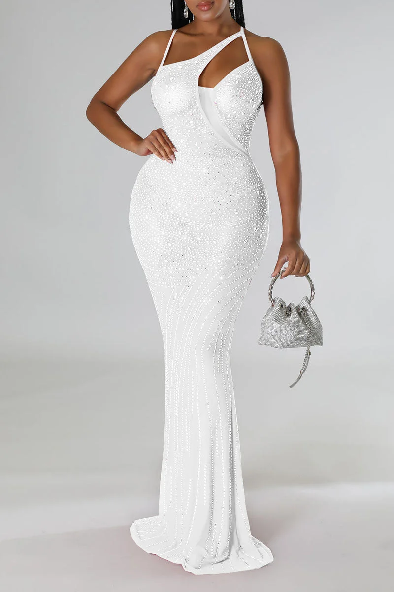 Sexy Solid Hollowed Out Patchwork Hot Drill Asymmetrical Collar Evening Dress Dresses