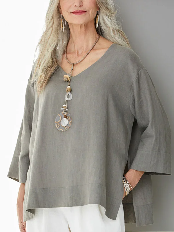 Round neck cotton and linen loose ladies blouse