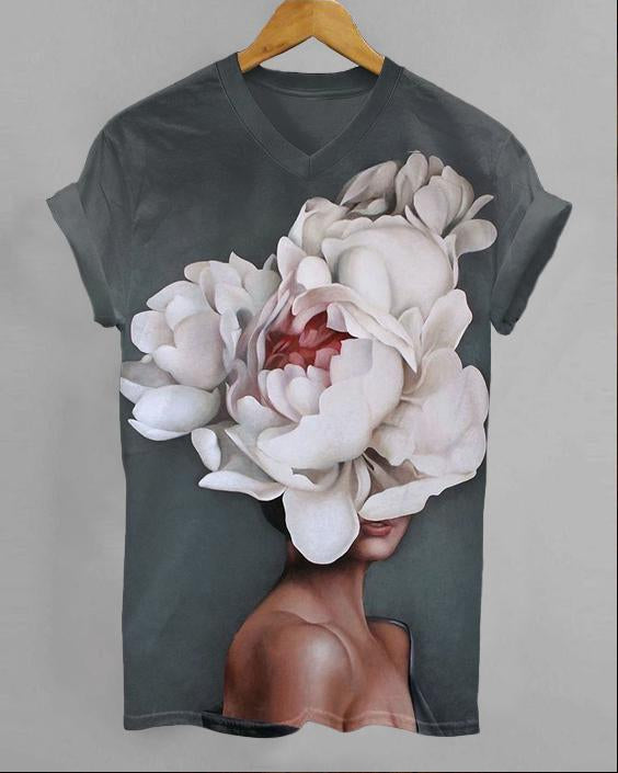 Flowers Brown Girl Art V-neck Short Sleeve Tshirt