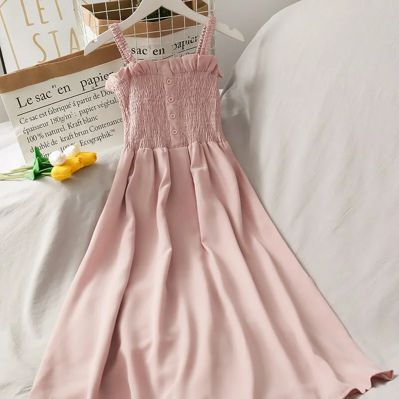 Sleeveless Dress Summer Women Off Shoulder Spaghetti Strap Slim Stretchy Breathable Soft Female Loose  All-match Simple Sweet