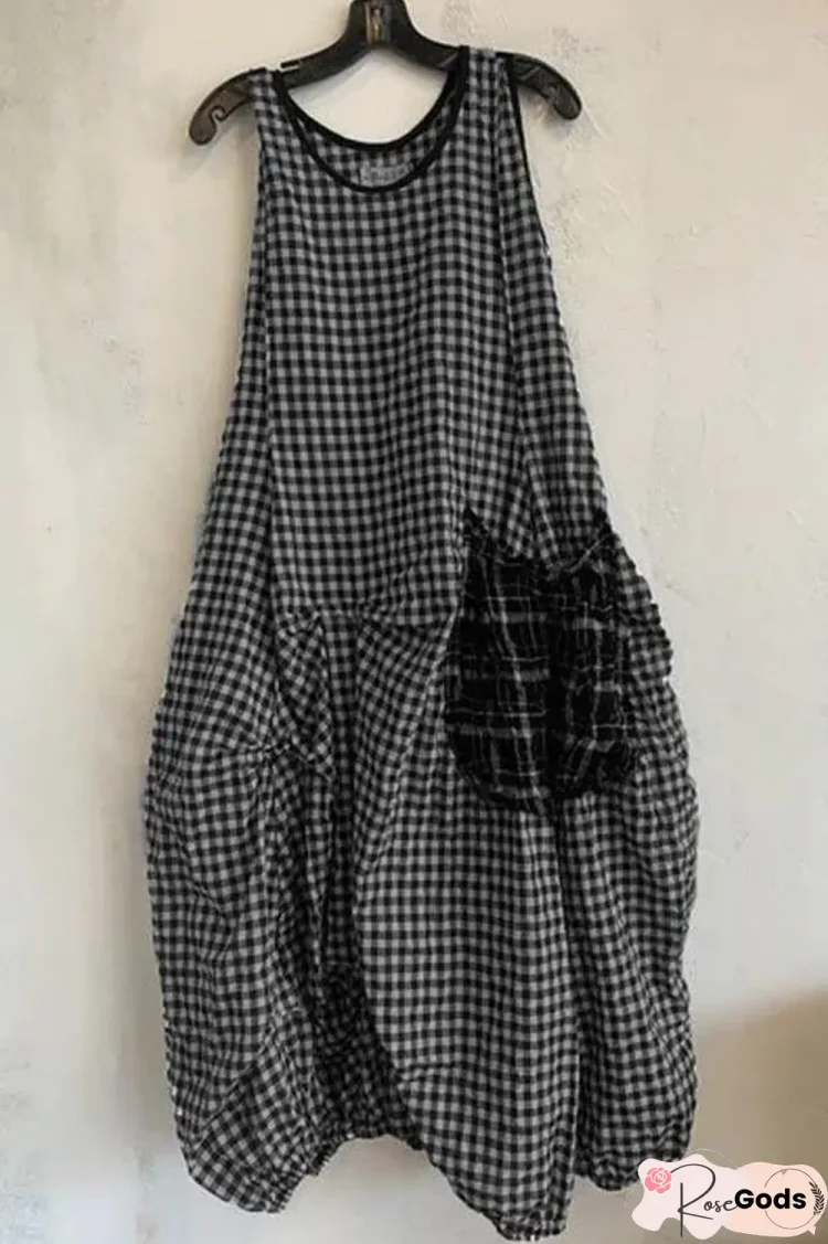 Plaid Print Color-Block Paneled Pockets Vintage Midi Dress