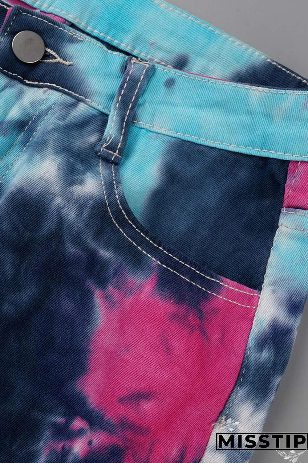 Deep Blue Casual Tie Dye Ripped Turndown Collar Long Sleeve Two Pieces