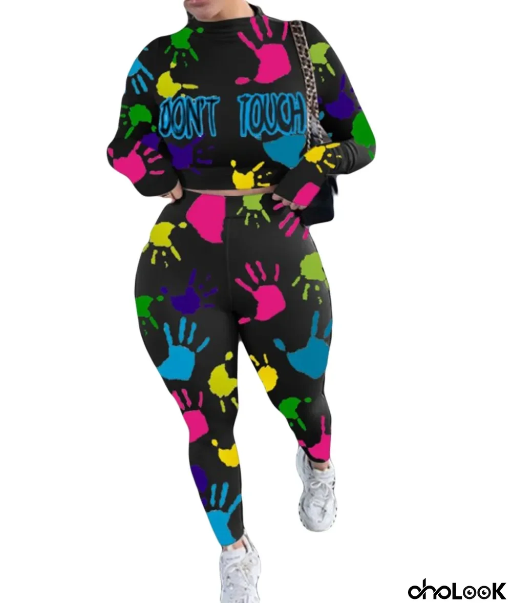 Autumn Casual Print Crop Top and High Waist Pants Set