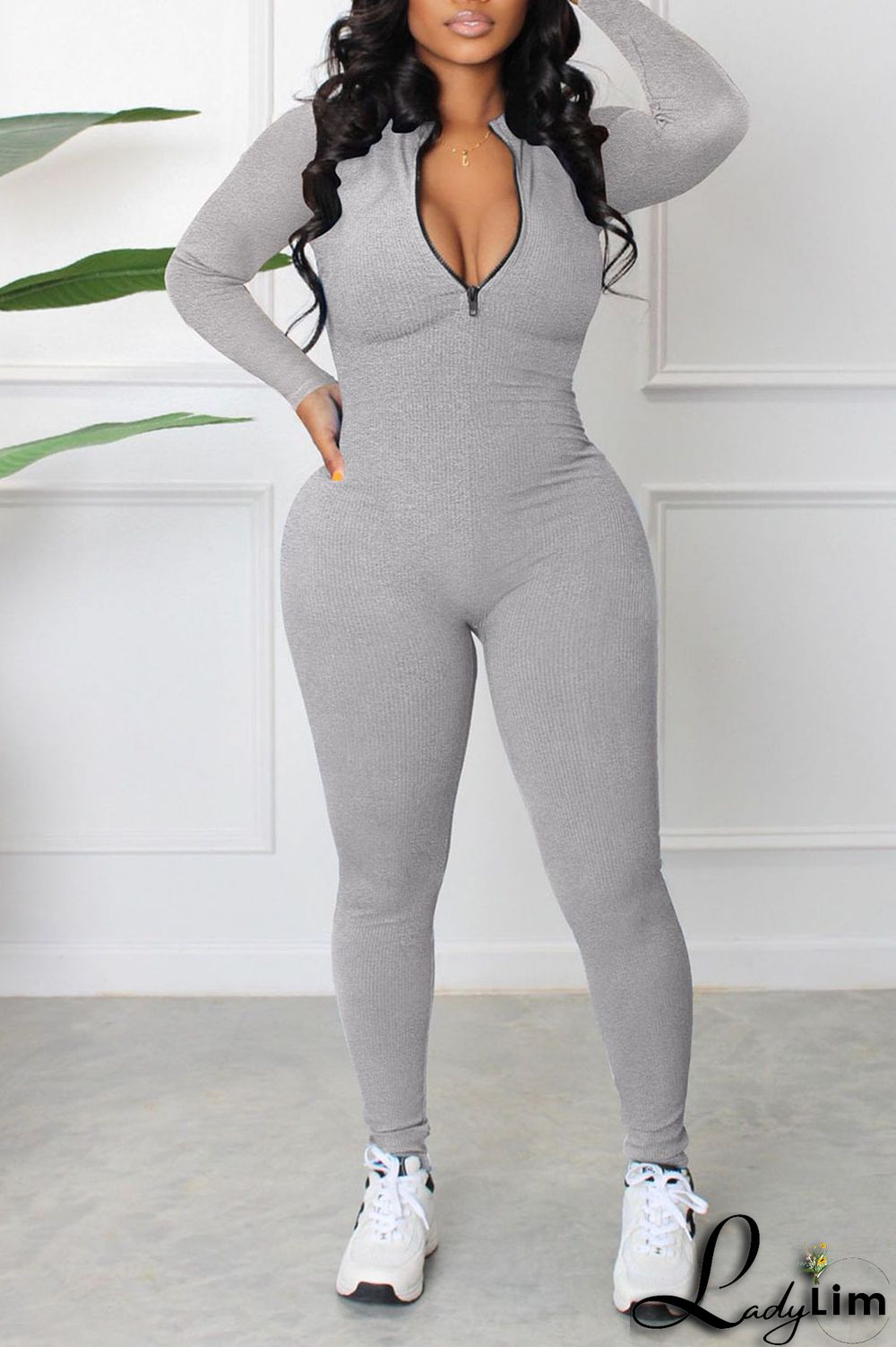 Blue Casual Sportswear Solid Patchwork Zipper Collar Regular Jumpsuits