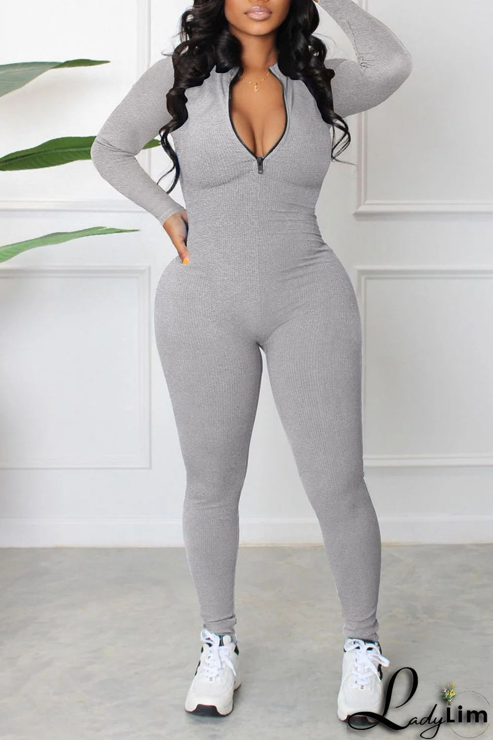 Blue Casual Sportswear Solid Patchwork Zipper Collar Regular Jumpsuits