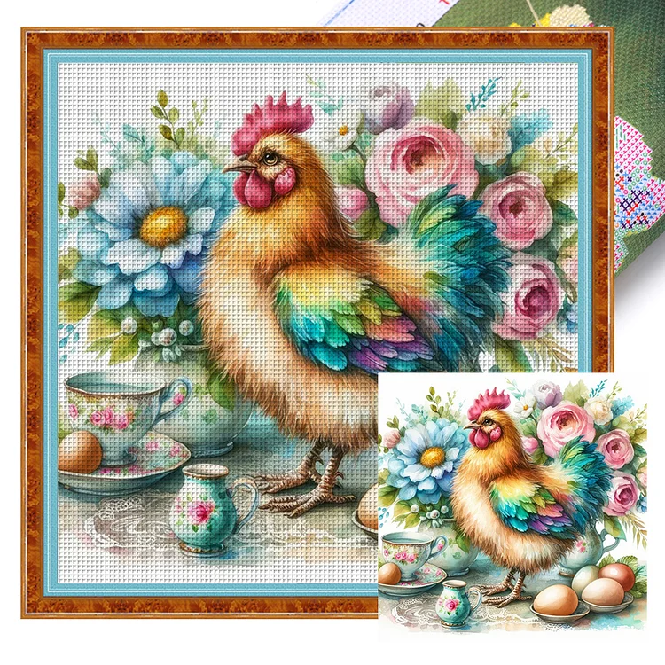 Flower And Grass Rooster (40*40cm) 14CT Stamped Cross Stitch gbfke