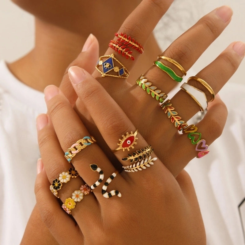 Retro Eye Flower Snake 304 Stainless Steel 18K Gold Plated Enamel Open Rings