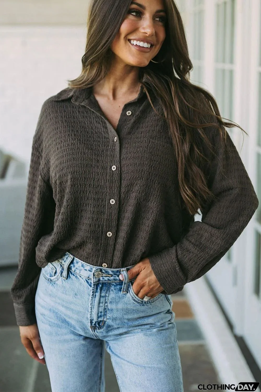 Twisted Collared Neck Long Sleeve Shirt