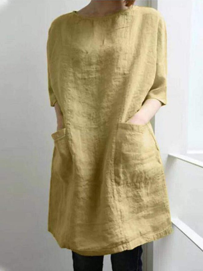 Ladies Cotton Linen New Round Neck Pocket Mid Sleeve Dress