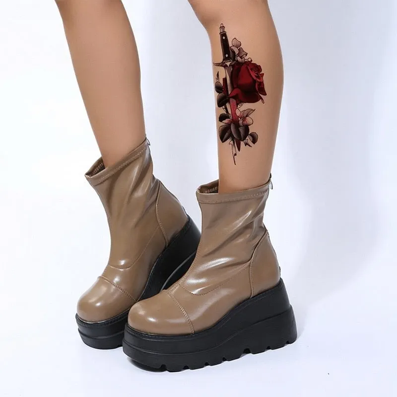 PU Leather zipper Black Mid Calf Women's Boots High Heel Platform Boots Women Wedge Motorcycle Boots Flat Shoes For Women 2021