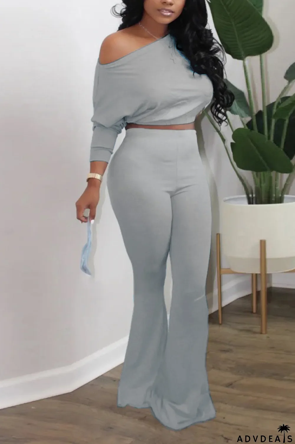 Grey Sexy Gradual Change Split Joint One Shoulder Half Sleeve Two Pieces