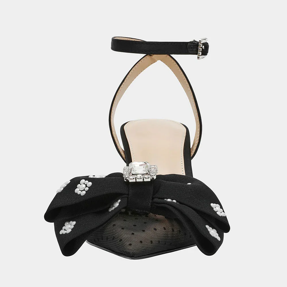 Pointed Toe Flared Heel Ankle Strap Pearl Rhinestone Bow Black Pumps
