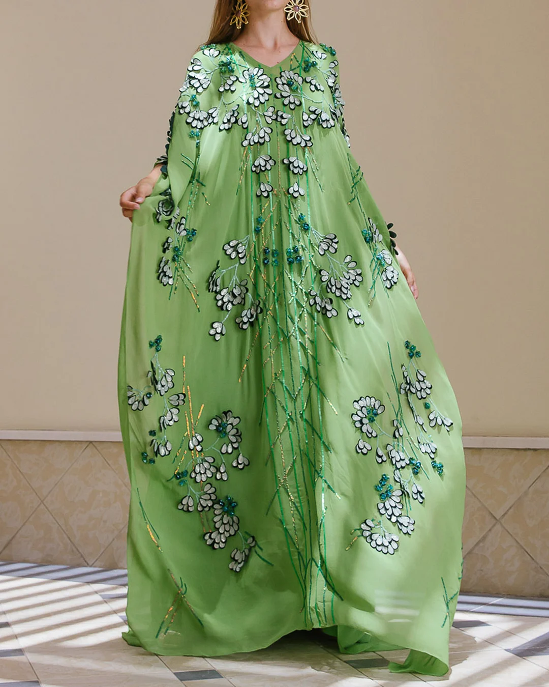 Women's V Neck Green Embroidered Kaftan Dress