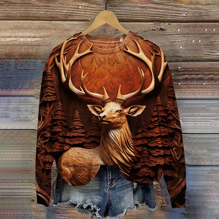 Wearshes Vintage Deer Hunting Print Round Neck Sweatshirt