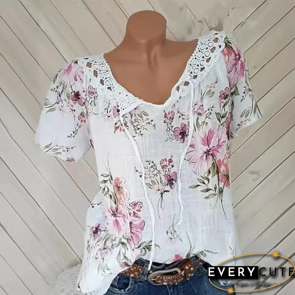 Women's Plus Size Blouse Shirt Floral Pattern Flower V Neck Tops Loose Streetwear Basic Top White Red Yellow-0207822