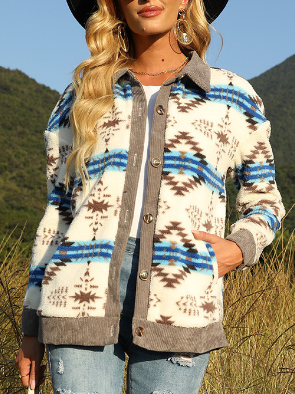 Women's Jacket Aztec Geo Patttern Lapel Long Sleeve Loose Short Jacket Shacket