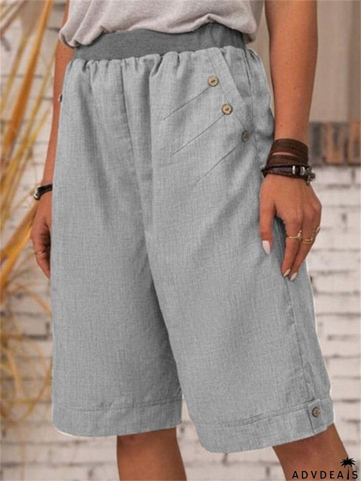 Loose Button-Decorated Elastic Waist Straight Linen Shorts