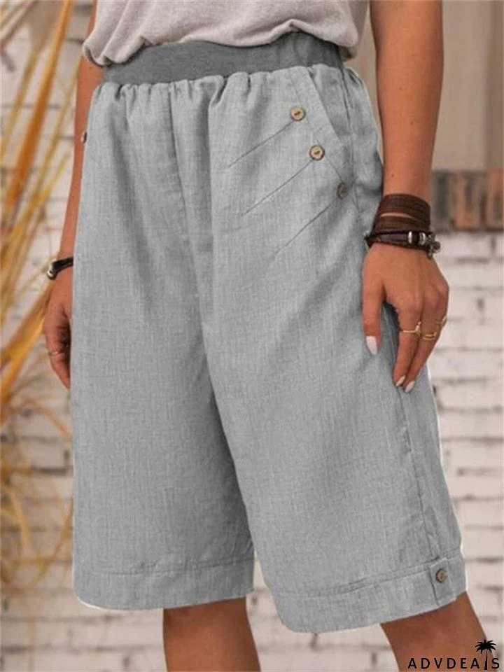 Loose Button-Decorated Elastic Waist Straight Linen Shorts
