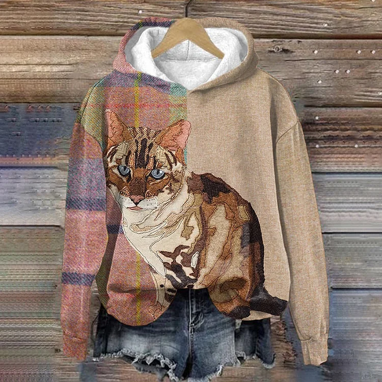 Comstylish Plaid Cat Print Casual Long Sleeve Hoodie