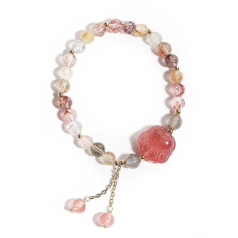 Natural Strawberry Quartz Cat Paw Claw Colorful Rutilated Quartz Moonstone Love Bracelet