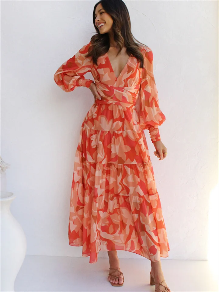 Spring and Summer Casual Solid Color Printing Long Sleeve High Waist V-neck Swing Dress Temperament Commuter Long Dress