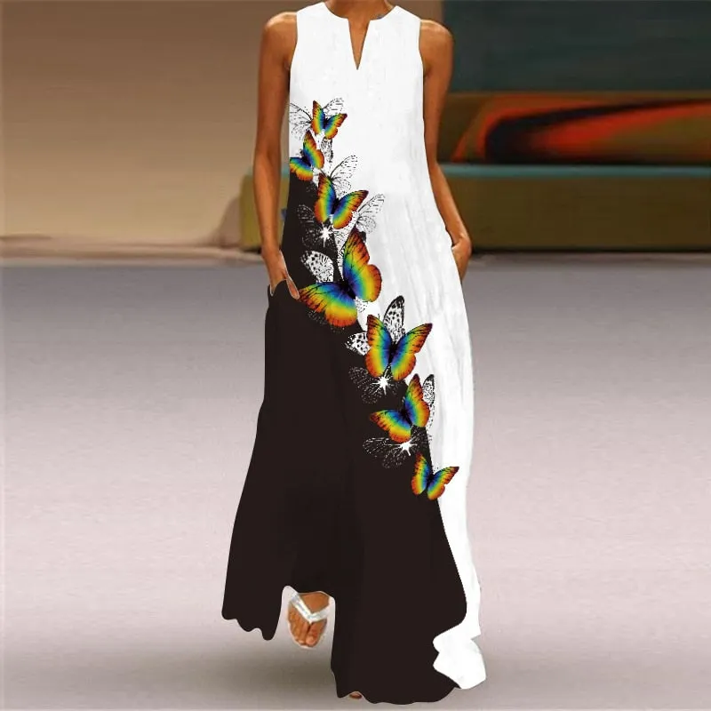 Bohemian Printed Sleeveless Maxi Dress Women Casual V-neck Robe Dresses Female Plus Size Beach Holiday Dress